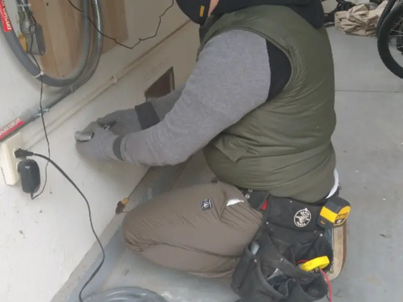 Electrician performing outlet wiring in a Burgaw garage
